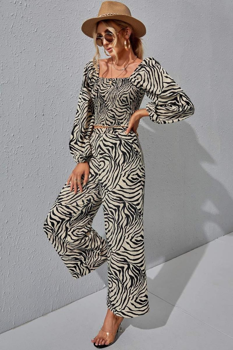 ZEBRA STRIPE SHIRRED BLOUSE PANTS (MULTICOLOR)