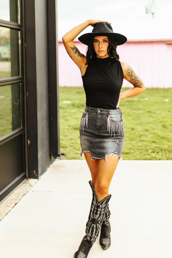 JAZLYN GREY WASH DENIM  RHINESTONE SKIRT