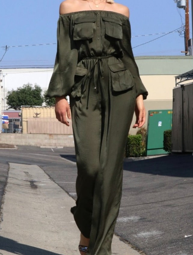 OFF SHOULDER SATIN JUMPSUIT (OLIVE GREEN)