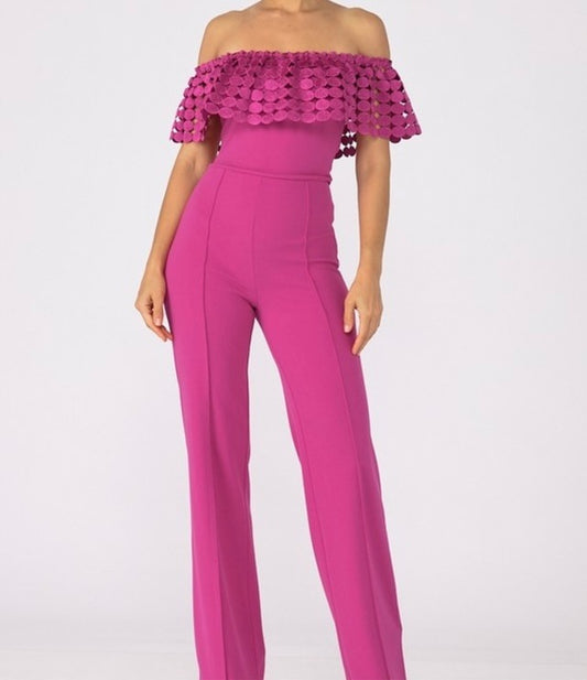 CROCHET OFF SHOULDER JUMPSUIT (MAGENTA)