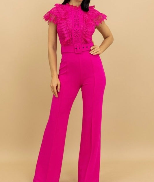 LACE RUFFLE DETAILED FASHION JUMPSUIT (FUCHSIA)