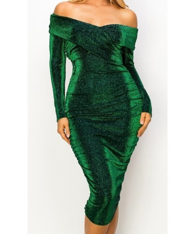 OFF SHOULDER LONG DRESS WITH GLITTER (GREEN)