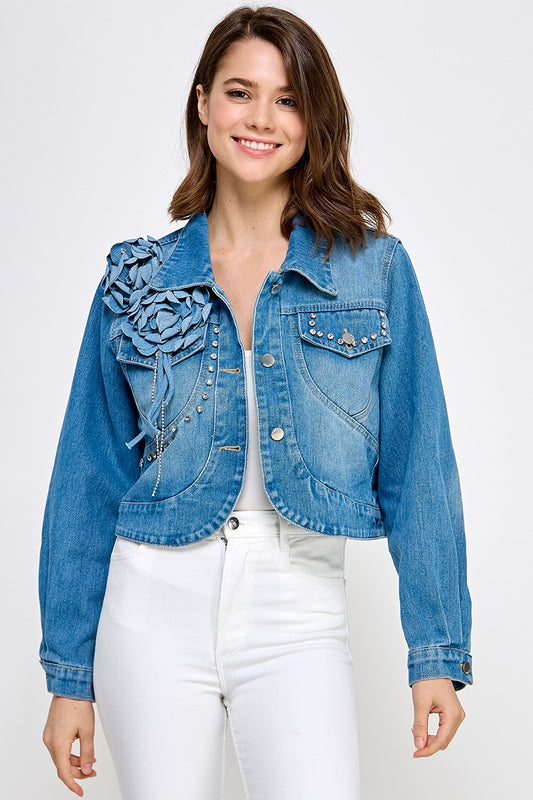 RHINESTONE DETAIL DENIM JACKET (DARK DENIM)