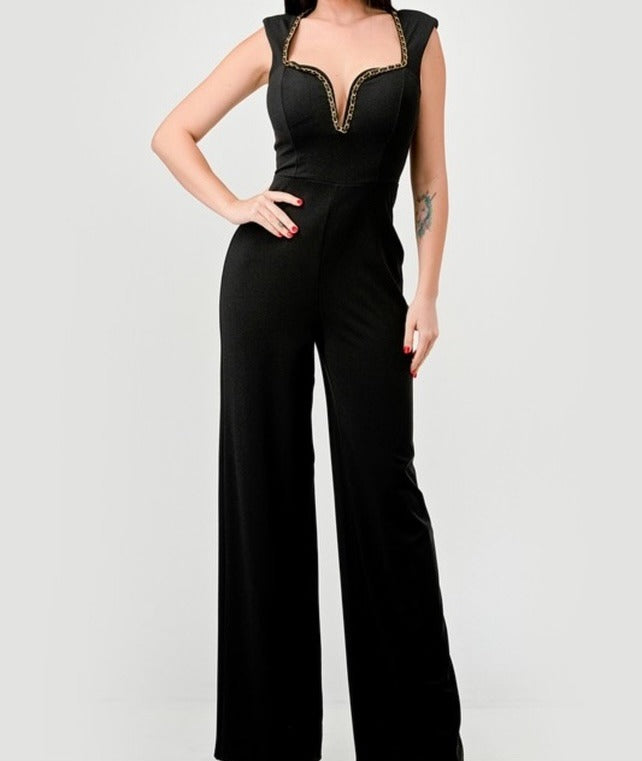 TECHNO CREPE GOLD CHAIN TRIM DETAIL JUMPSUIT (BLACK)