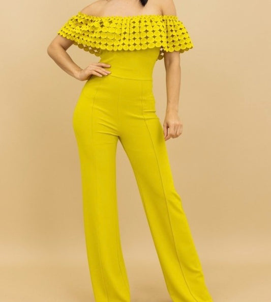 CROCHET OFF SHOULDER JUMPSUIT (LIME)